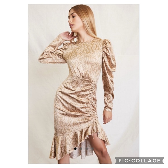 Forever 21 Tan Snake Satin Open Back Ruffled Hi-Low Hem Midi Dress Size S - Picture 14 of 15